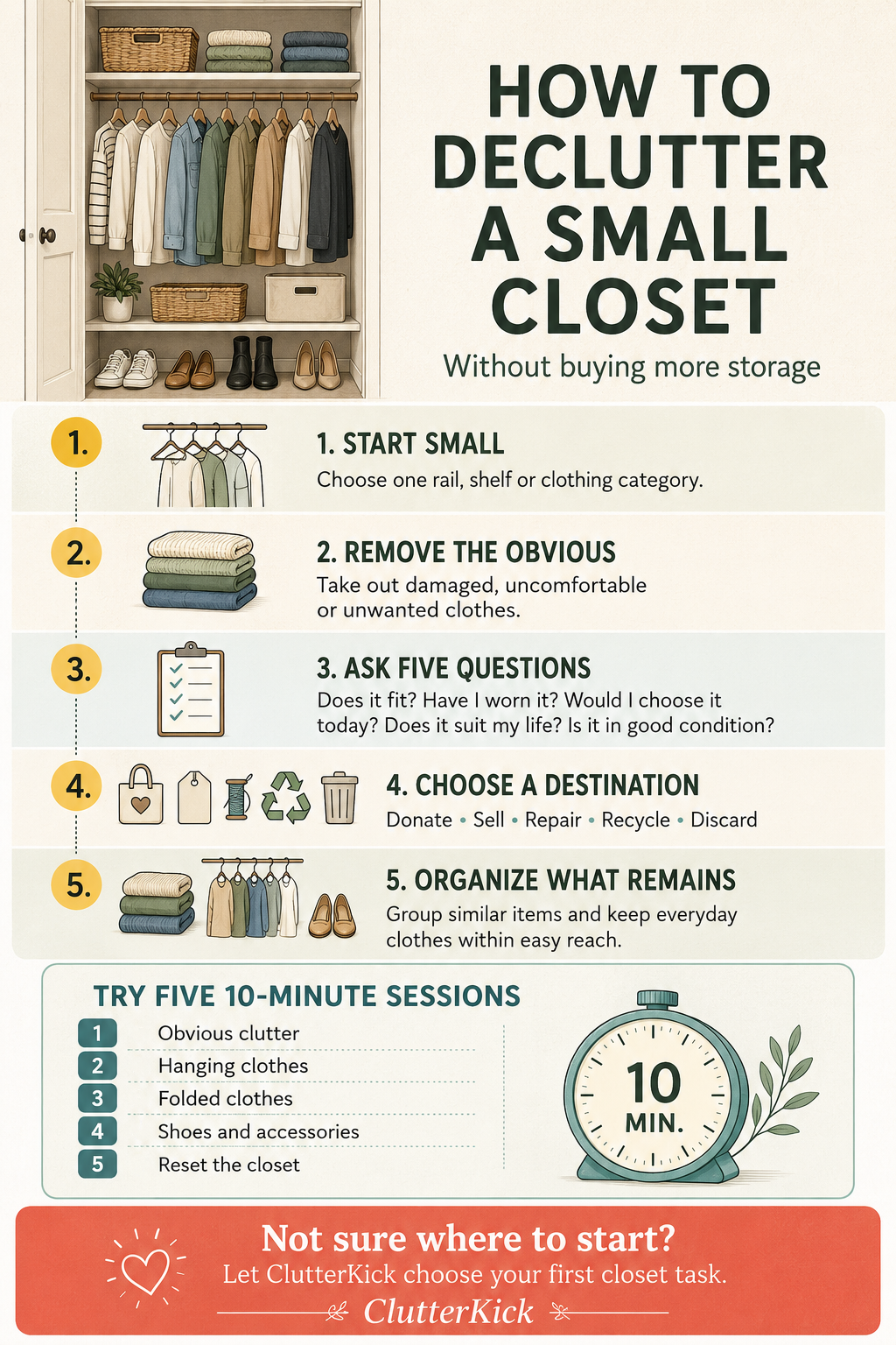 How to declutter a small closet in five steps: start small, remove the obvious, ask five questions, choose a destination and organize what remains