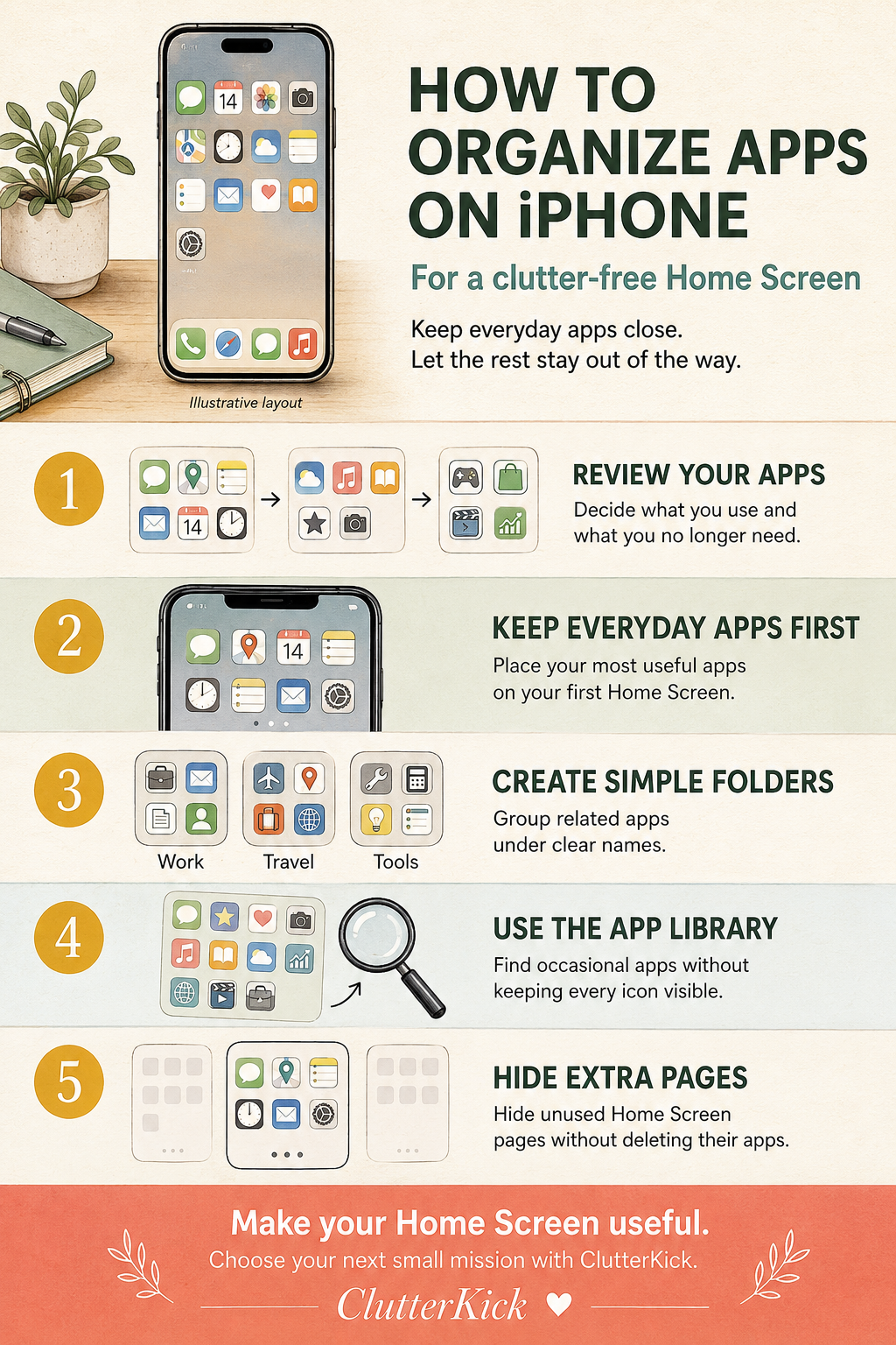 Five ways to organize iPhone apps: review apps, keep everyday apps first, create folders, use the App Library and hide extra pages. Phone screens are illustrative layouts.