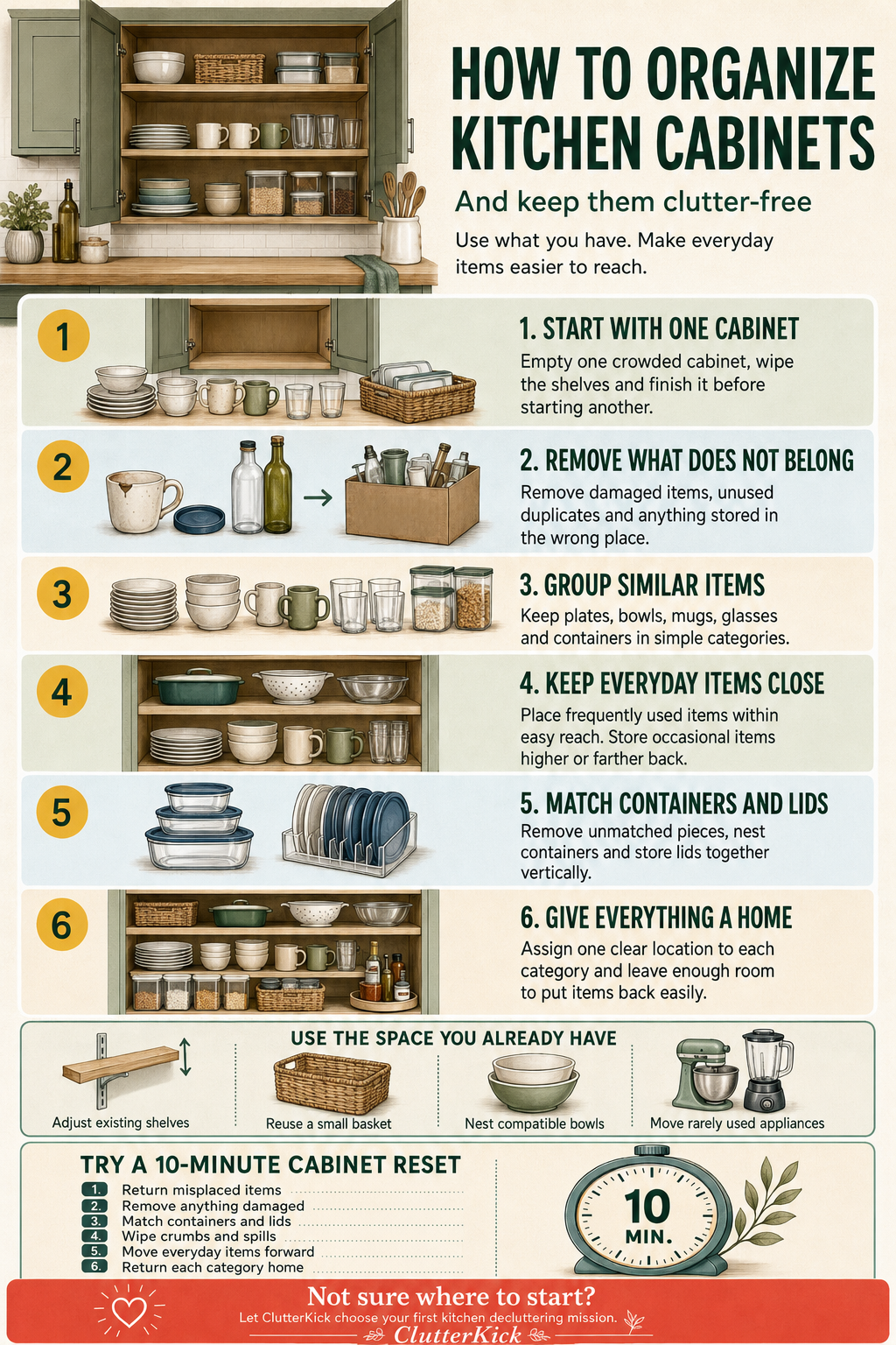 How to organize kitchen cabinets in six steps: start with one cabinet, remove what does not belong, group similar items, keep everyday items close, match containers and lids, and give everything a home