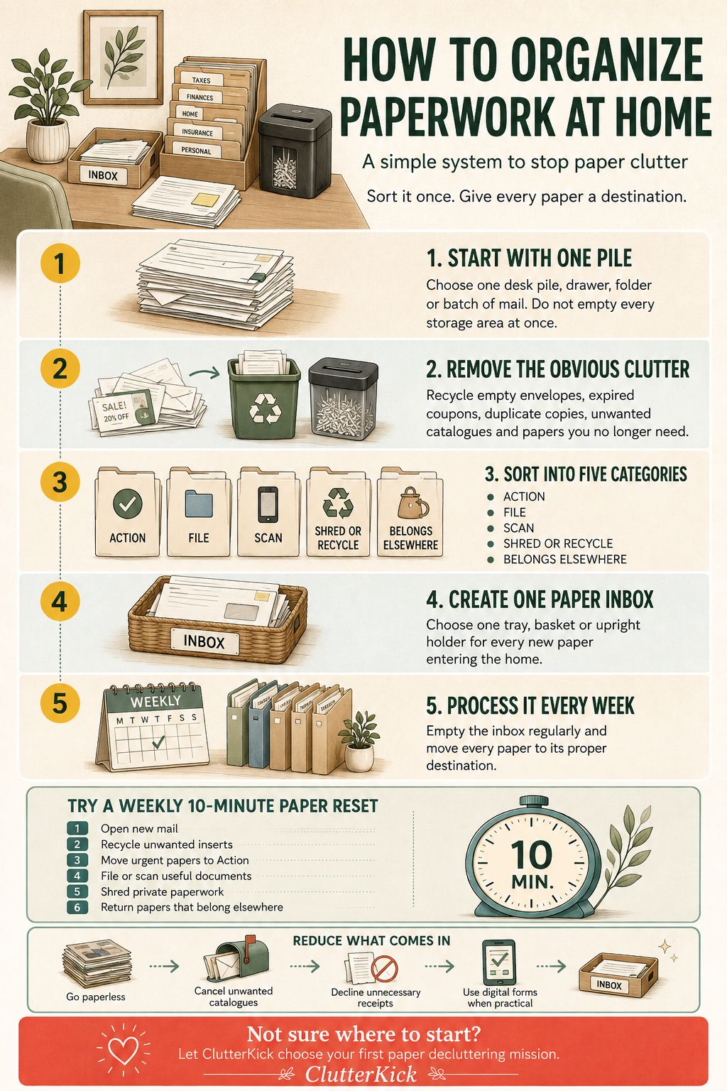 How to organize paperwork at home in five steps: start with one pile, remove obvious clutter, sort into five categories, create one paper inbox and process it every week