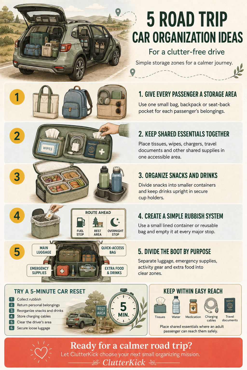 Five road trip car organization ideas: personal storage, shared essentials, organized snacks, a rubbish system and divided boot storage
