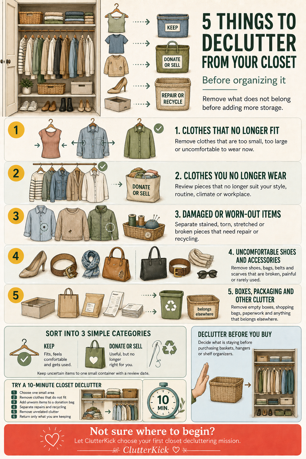 Five things to declutter from a closet: clothes that no longer fit, unworn clothes, damaged items, uncomfortable shoes and unrelated clutter