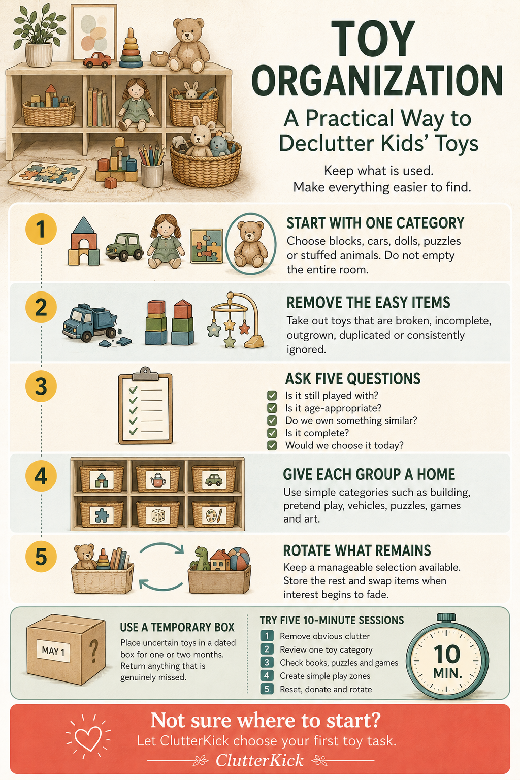 Toy organization in five steps: start with one category, remove easy items, ask five questions, give each group a home and rotate what remains